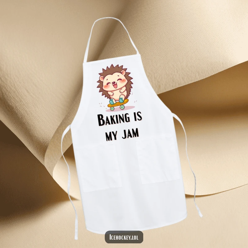 Funny hedgehog apron: a joyful hedgehog giggling while wobbling on roller skates, ready for kitchen chaos with a humorous flair.