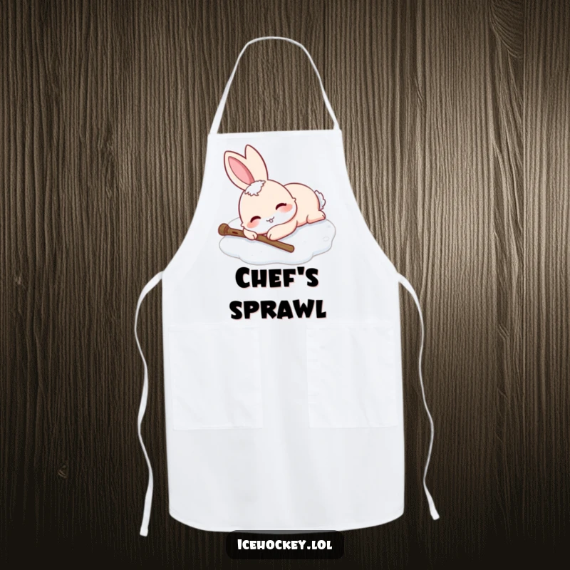 Funny apron featuring a smiling rabbit sprawled on ice skates after a fall, stick nearby. Humorous kitchen accessory.