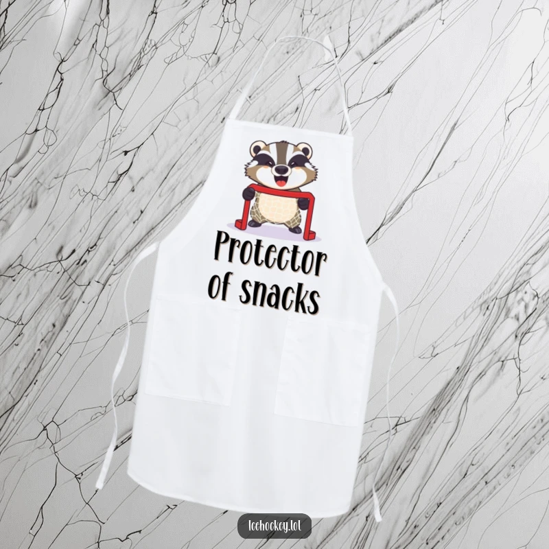 Funny apron featuring a giggling badger fiercely guarding a tiny hockey net, ready to defend against kitchen spills.