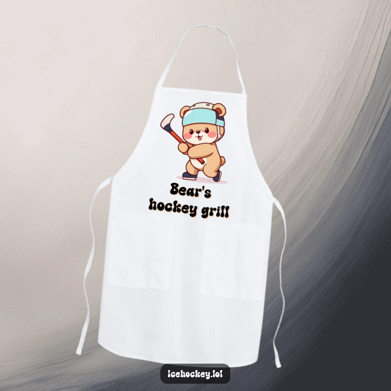 Funny Bear Apron: A cheerful bear wearing a hockey helmet and holding a hockey stick, ready to cook.
