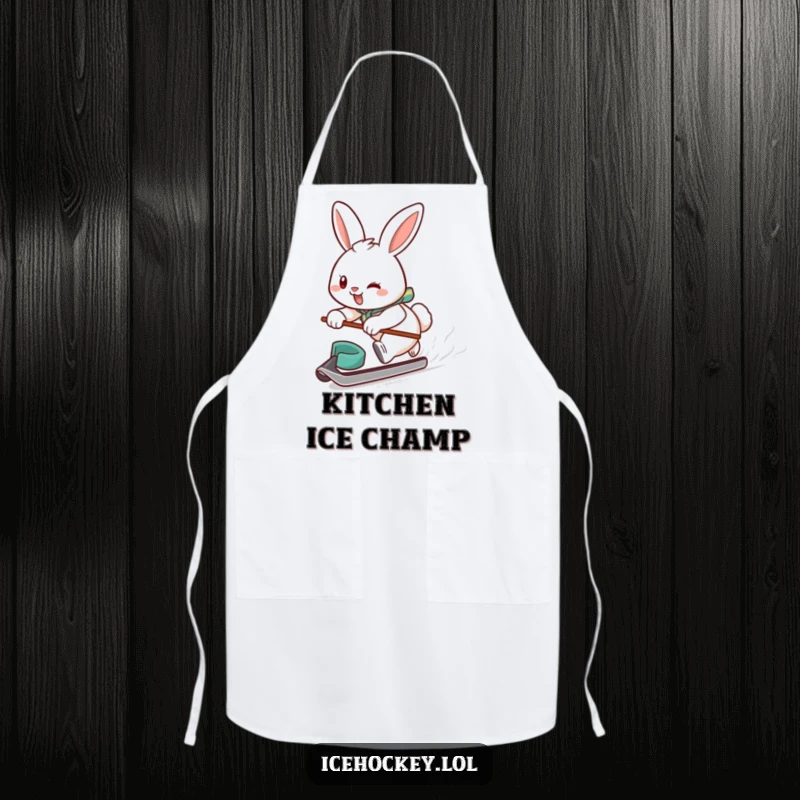 Funny apron with a determined, smiling bunny player speeding on ice, puck in tow, ready to score in the kitchen.