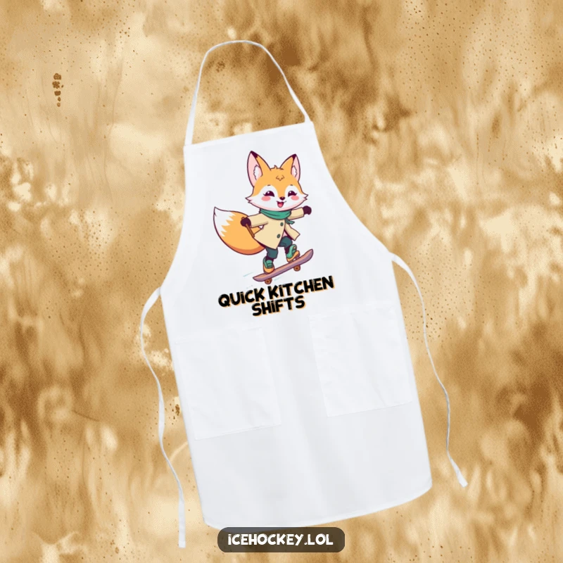 Funny Apron with a joyful fox skating rapidly, stick held high, designed for kitchen fun and a speedy clean-up.