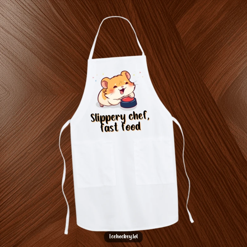 Funny apron: A happy hamster slides on its belly, comically engaged in a hockey game with a puck, ready to cook.
