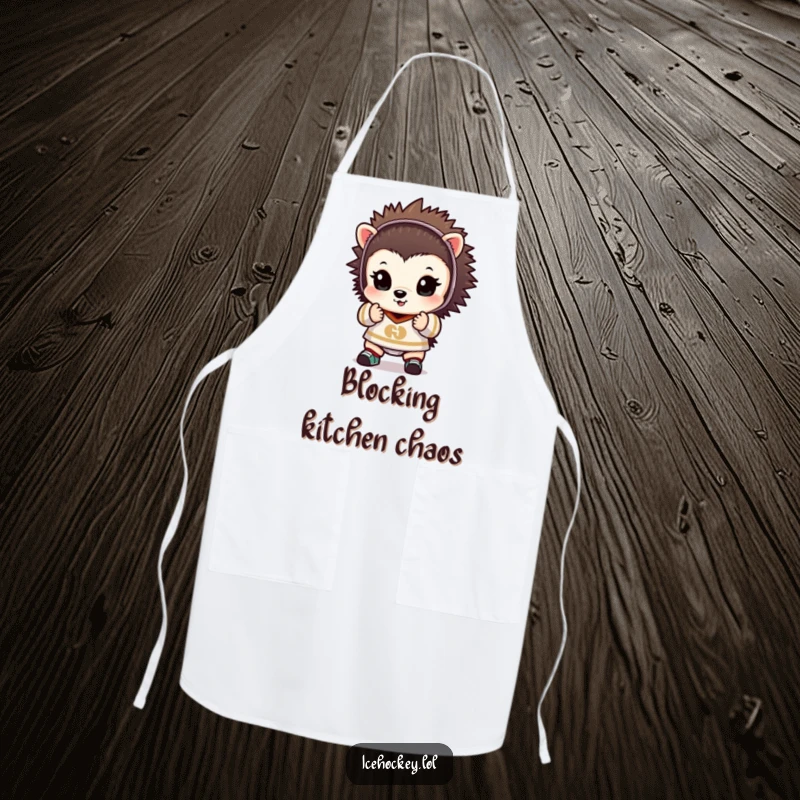 Funny apron with a tiny hedgehog in goalie attire, hands raised defensively, ready for kitchen action with a cute twist.