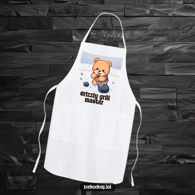Funny Apron featuring a determined bear powerfully shooting a hockey puck, designed for culinary battles and kitchen fun.