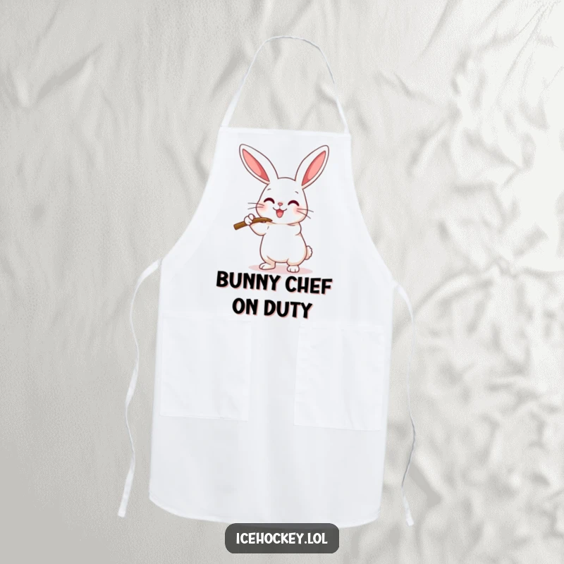 Funny Apron with a happy rabbit performing a hockey check with its stick, designed for culinary fun and protection.