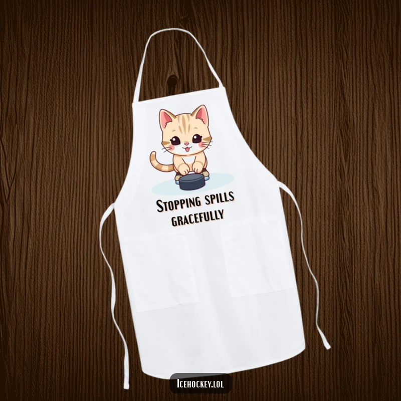 Funny apron depicting a cute and alert kitten in ice skates, blocking a hockey puck with playful goalie skills.