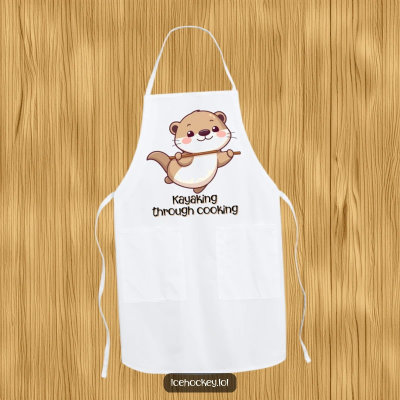 Funny Apron with a playful otter gliding smoothly, stick in tow, wearing a big grin, designed for kitchen fun.