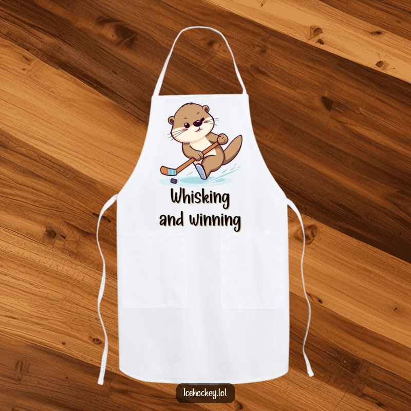 Funny apron with a graceful otter making a swift turn with a hockey stick, ready for culinary adventures.