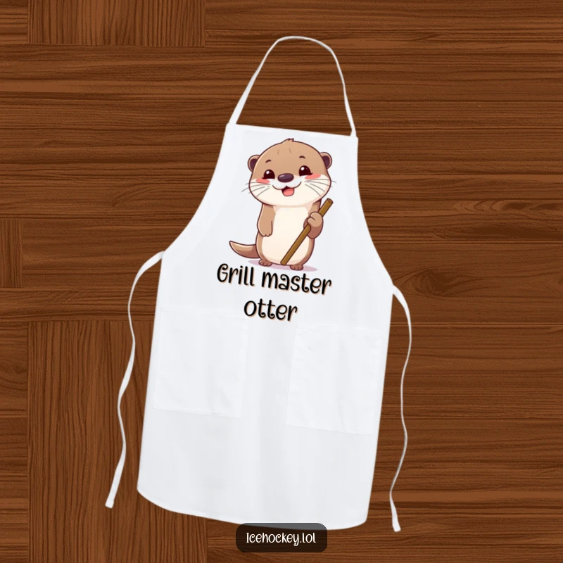 Funny apron featuring a cheerful otter gripping an ice hockey stick, eyes focused. Humorous kitchen accessory.