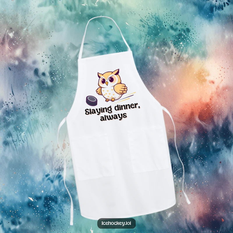 Funny Owl Hockey Apron, featuring a proud owl sliding with a hockey puck, perfect for cooks who enjoy sports humor.