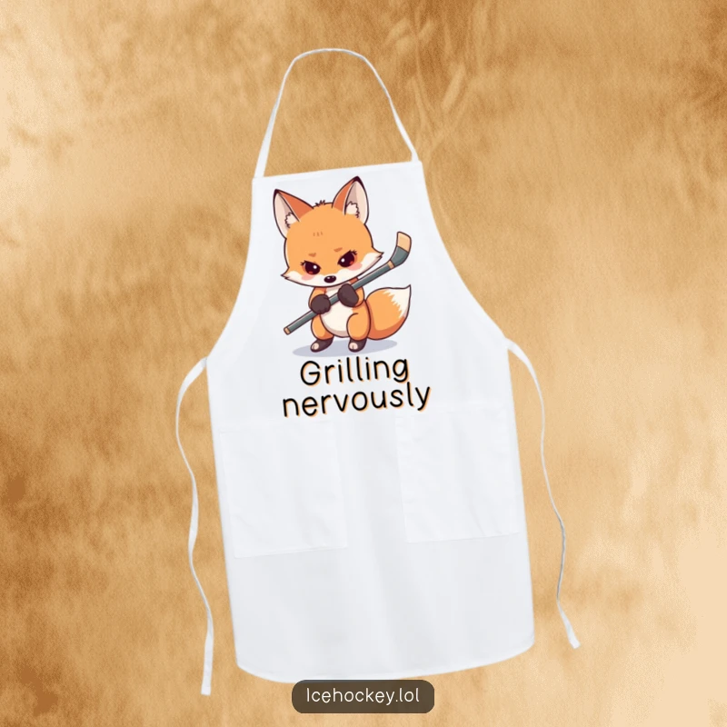 Funny shy fox apron featuring a nervous fox gripping its hockey stick, ideal for adding humor and a touch of relatable sports fun to cooking.