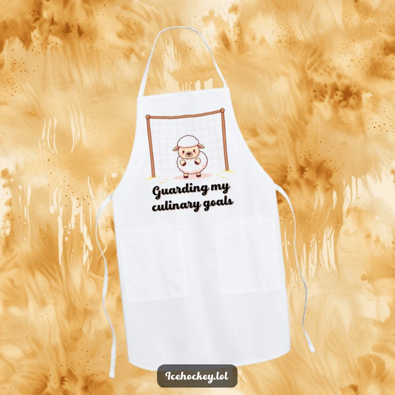 Funny sheep wearing a chef hat and apron, hilariously guarding an empty net in the kitchen.