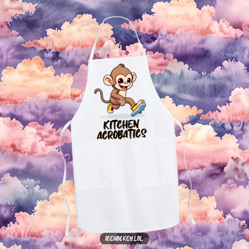Funny apron featuring a mischievous monkey tripping over ice skates, mid-fall. Humorous kitchen accessory.