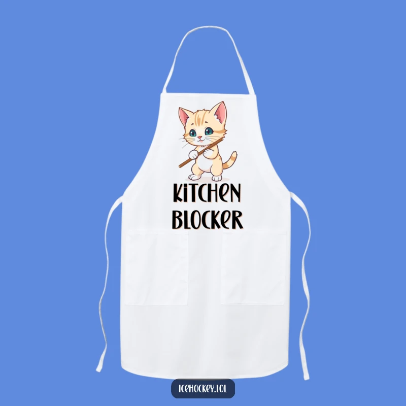 Funny Kitten Hockey Apron: Wobbly Blocker Defends Goal, Kitchen Humor Gift
