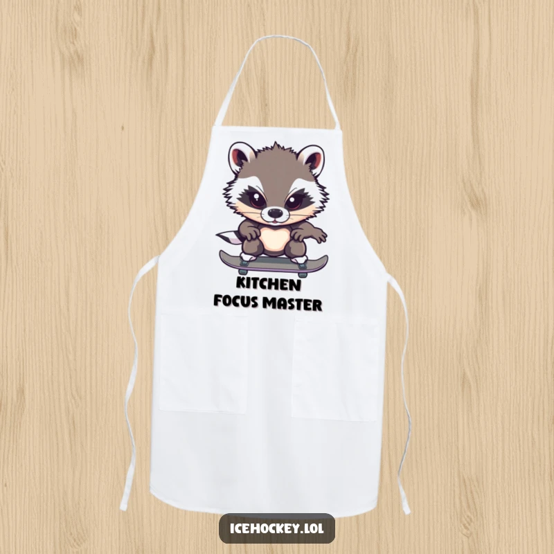 Funny badger apron showcasing a brave badger with intense focus while ice skating, adding humor to kitchen wear.