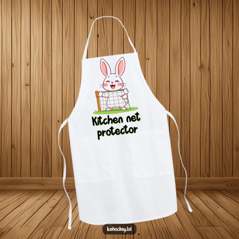 Funny cheerful rabbit defending a miniature net with joy on a kitchen apron.