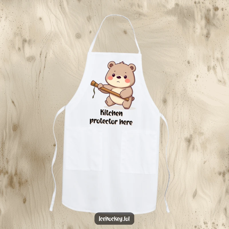 Funny Bear Hockey Apron: A proud bear guards the net with a large stick, making this a humorous and practical kitchen essential.