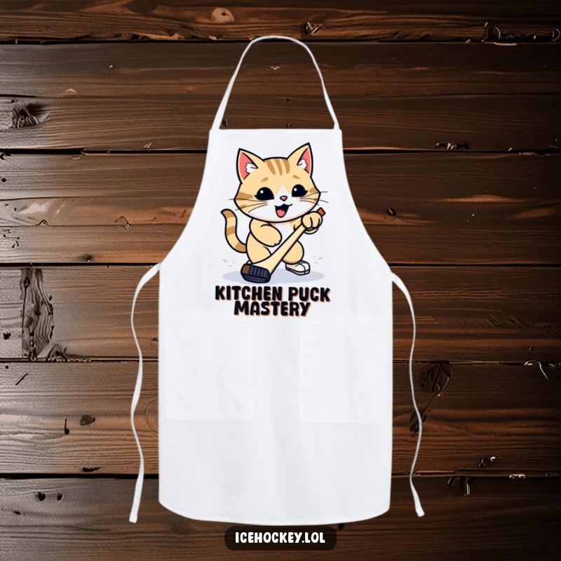 Funny Apron: A proud cat performs a hockey slap shot with a puck, bringing humorous sports action to kitchen attire.