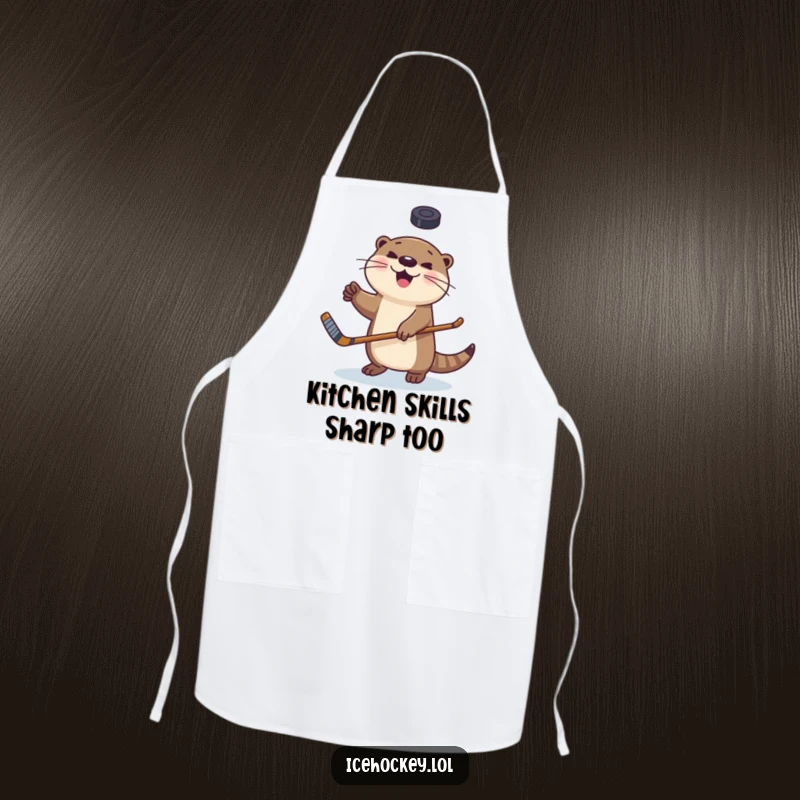Funny apron showcasing a happy otter juggling a hockey puck, perfect for adding humor to cooking and grilling.