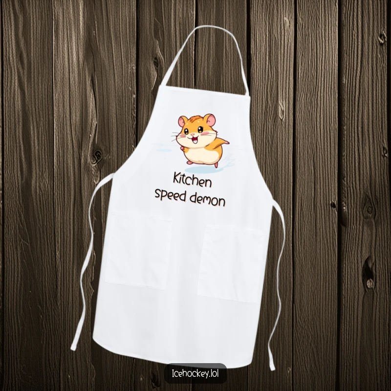 Funny Hamster Ice Apron: A smiling hamster races fast across the ice, making this a humorous and practical kitchen essential.