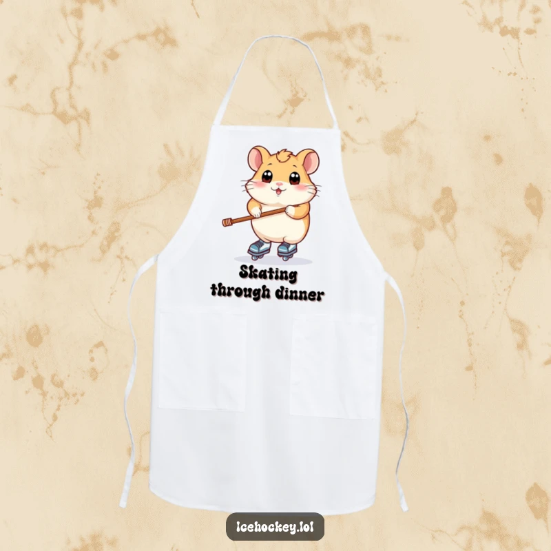 Funny apron with a plump hamster, wide eyes, balancing on skates and holding a stick, ready for kitchen action.