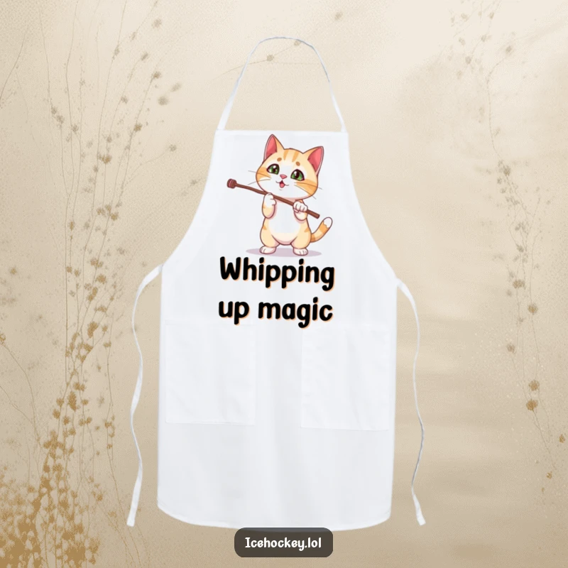 Funny cat apron featuring a curious kitten attempting a magic stick trick with comical frustration, ideal for a playful kitchen.