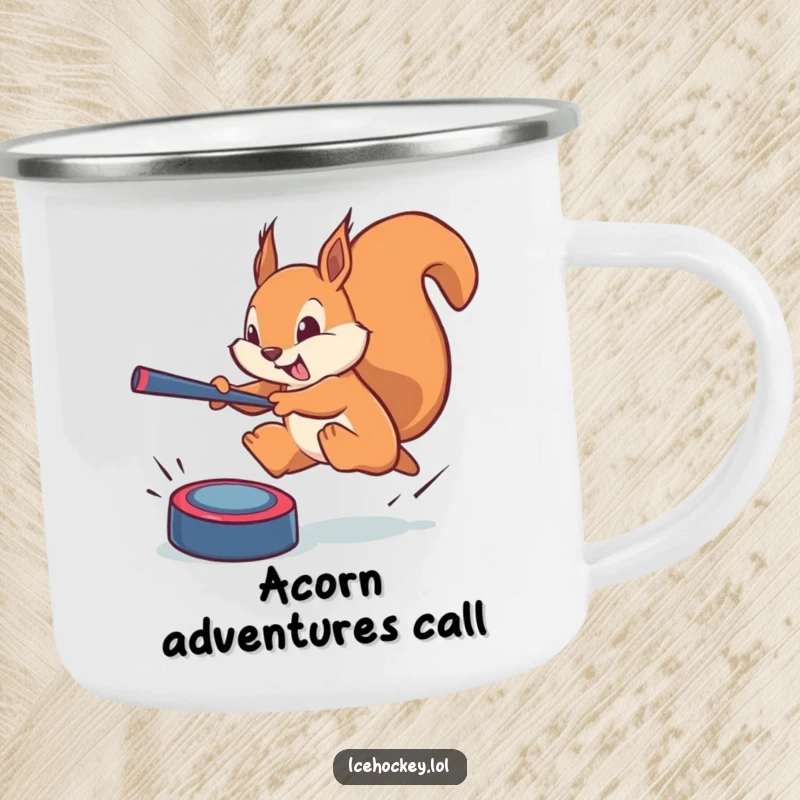 Funny squirrel camping mug: a brave squirrel leaping to block a phantom puck during an outdoor adventure, embodying playful heroism.