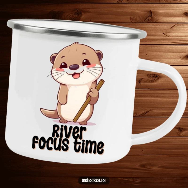 Funny camping mug with a cheerful otter gripping a hockey stick, intensely focused. For dedicated outdoorsmen.
