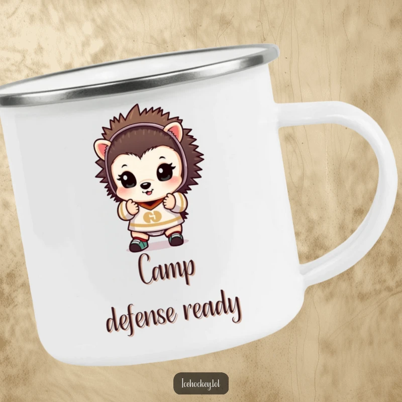 Funny camping mug of a tiny hedgehog in goalie gear, hands up, ready to defend against spills and nature's challenges.