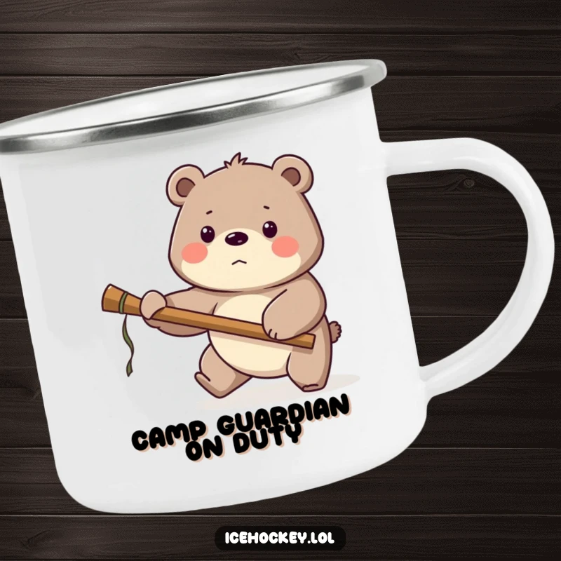 Funny Bear Hockey Camping Mug: A proud bear guards the net with a large stick, perfect for enjoying drinks outdoors with a touch of hockey humor.