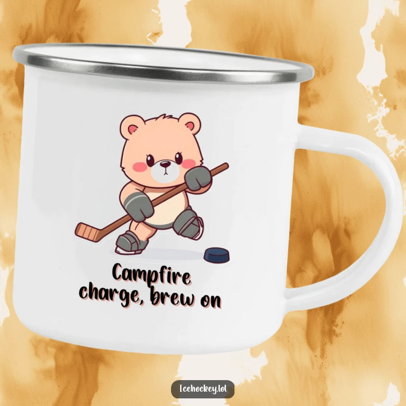 Funny camping mug: A powerful bear charges forward with a hockey stick and puck, ready for outdoor adventure.