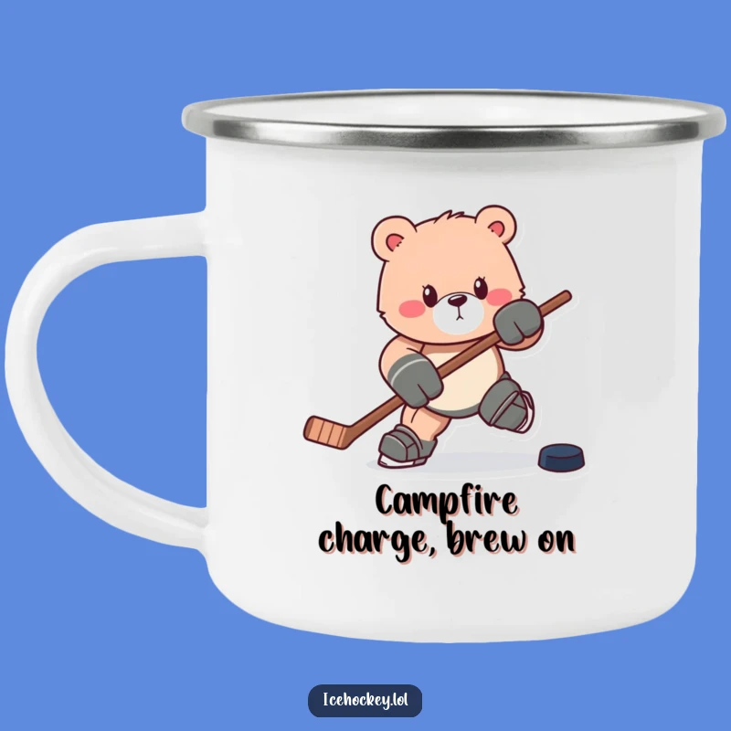 Funny Bear Hockey Camping Mug: Charging Bruin with Stick & Puck, Outdoor Humor Gift