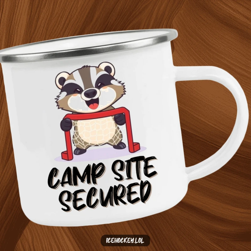 Funny camping mug of a giggling badger fiercely guarding a tiny hockey net, ready for any outdoor challenge.