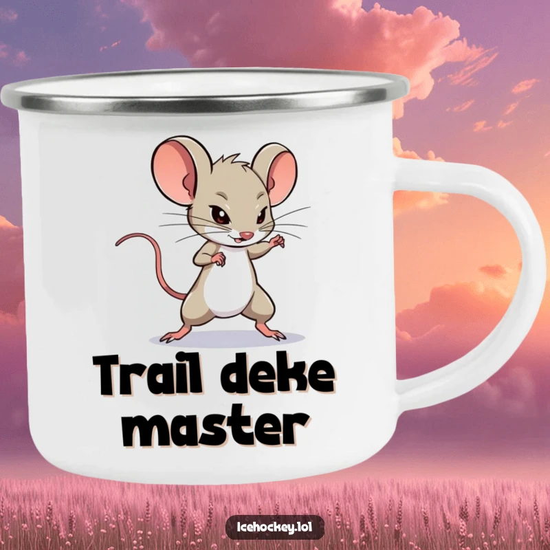 Funny Camping Mug: A determined mouse performs an expert deke around a hockey opponent, perfect for enjoying drinks outdoors.