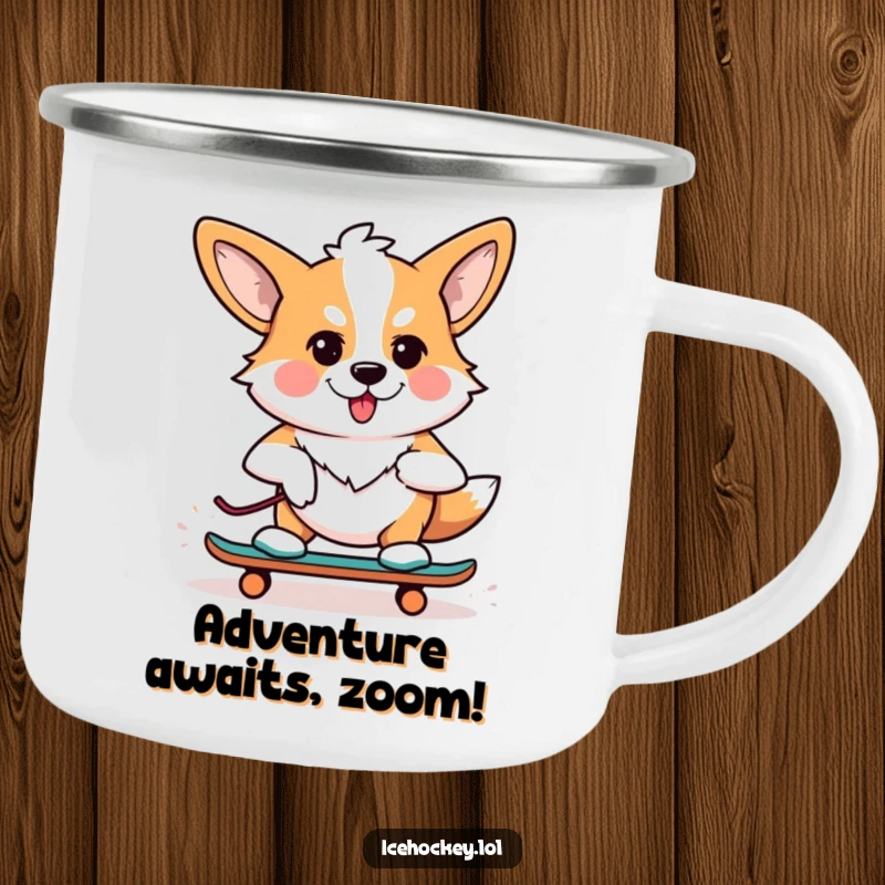 Funny camping mug featuring a determined corgi on roller skates, ready for outdoor fun, durable and humorous.