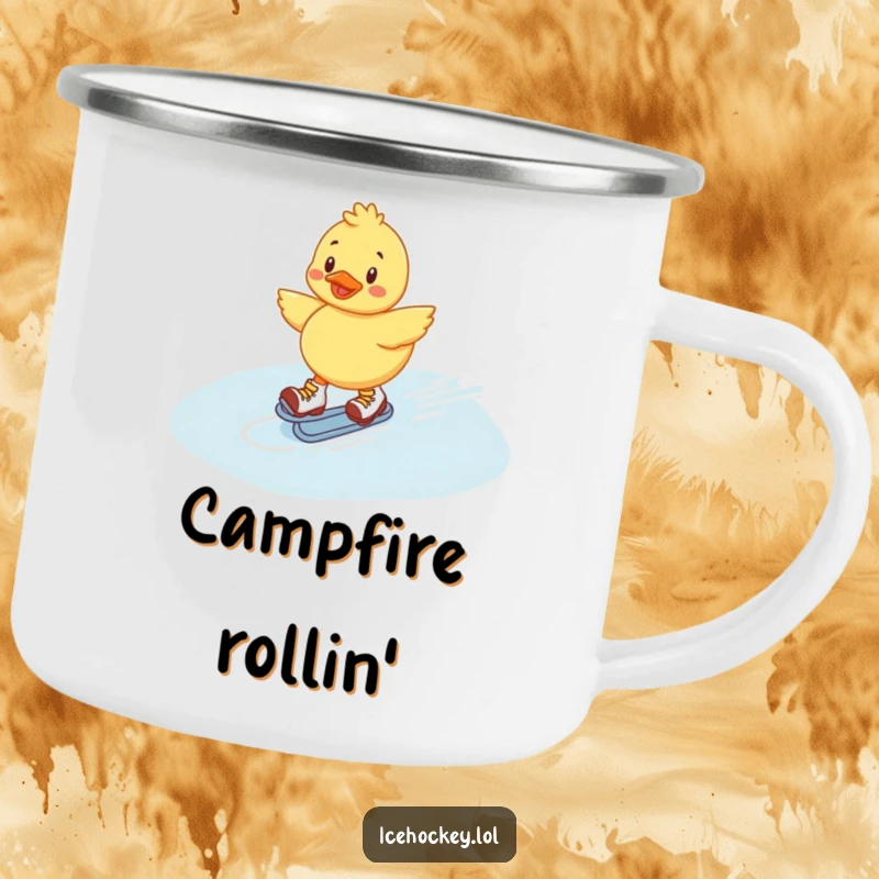 Funny Duckling Camping Mug: Cheerful duckling sliding across ice on roller skates, ready for outdoor enjoyment and laughs.