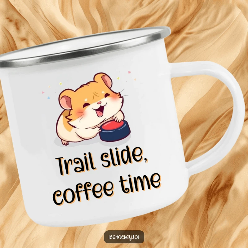 Funny camping mug: A joyful hamster slides on its belly, comically chasing a hockey puck under the open sky.