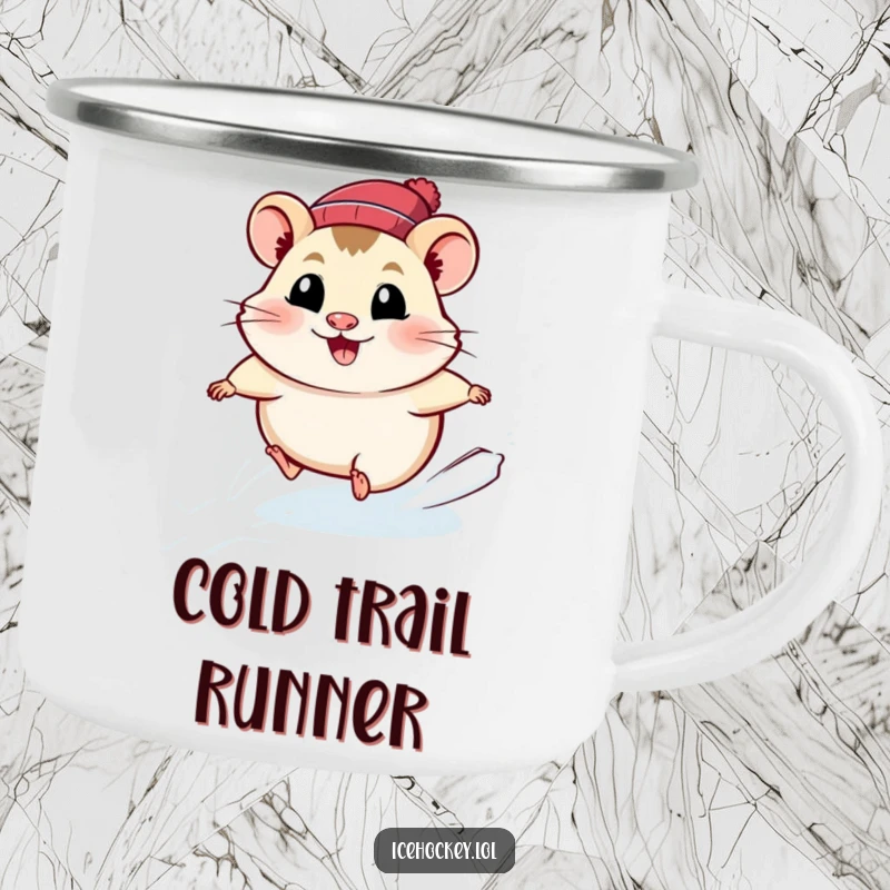 Funny hamster camping mug with a smiling, fast-skating hamster on ice, perfect for enjoying drinks in the great outdoors.