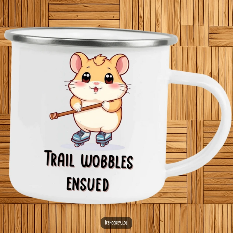 Funny camping mug with a plump hamster, wide eyes, balancing on skates and holding a hockey stick, ready for adventure.