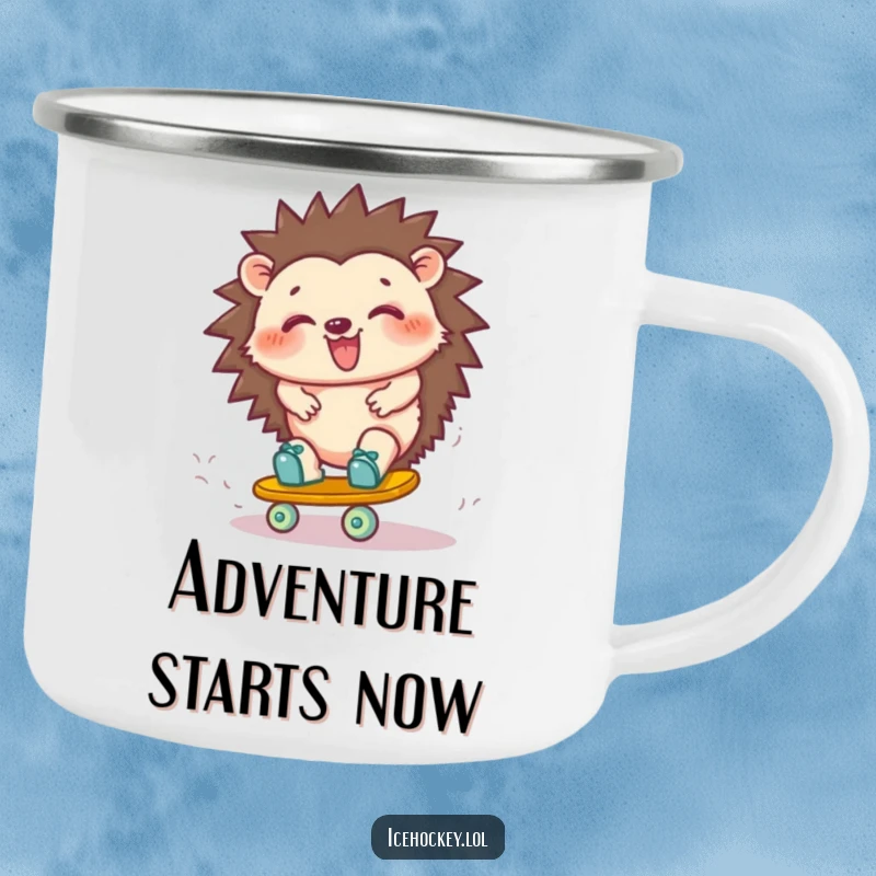 Funny hedgehog camping mug: a cheerful hedgehog wobbling on roller skates, giggling during an outdoor escapade, ready for adventure.
