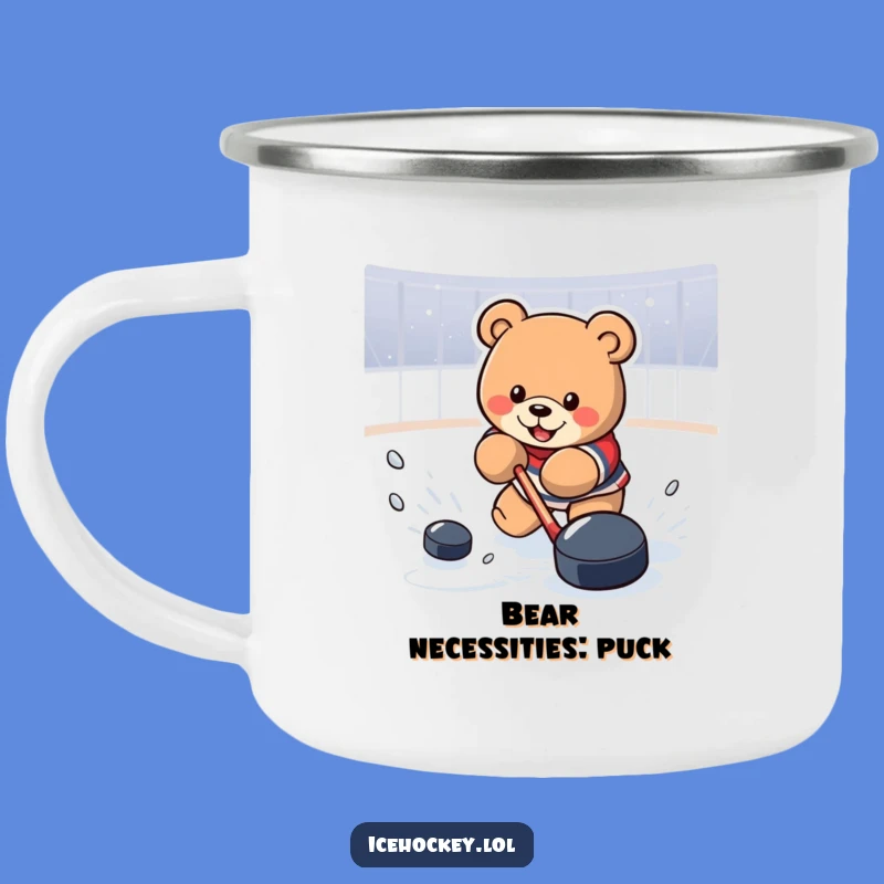 Funny Hockey Bear Camping Mug: Enamel Bear Shooting Puck, Outdoor Funny Gift
