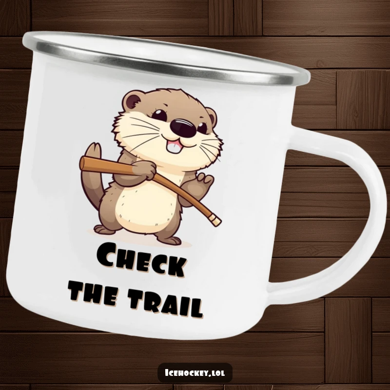Funny camping mug with a happy, fluffy otter aggressively checking an opponent with a hockey stick, perfect for outdoor drinks with humor.