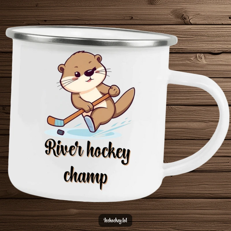 Funny camping mug with a graceful otter performing a swift turn with a hockey stick, ready for outdoor fun.