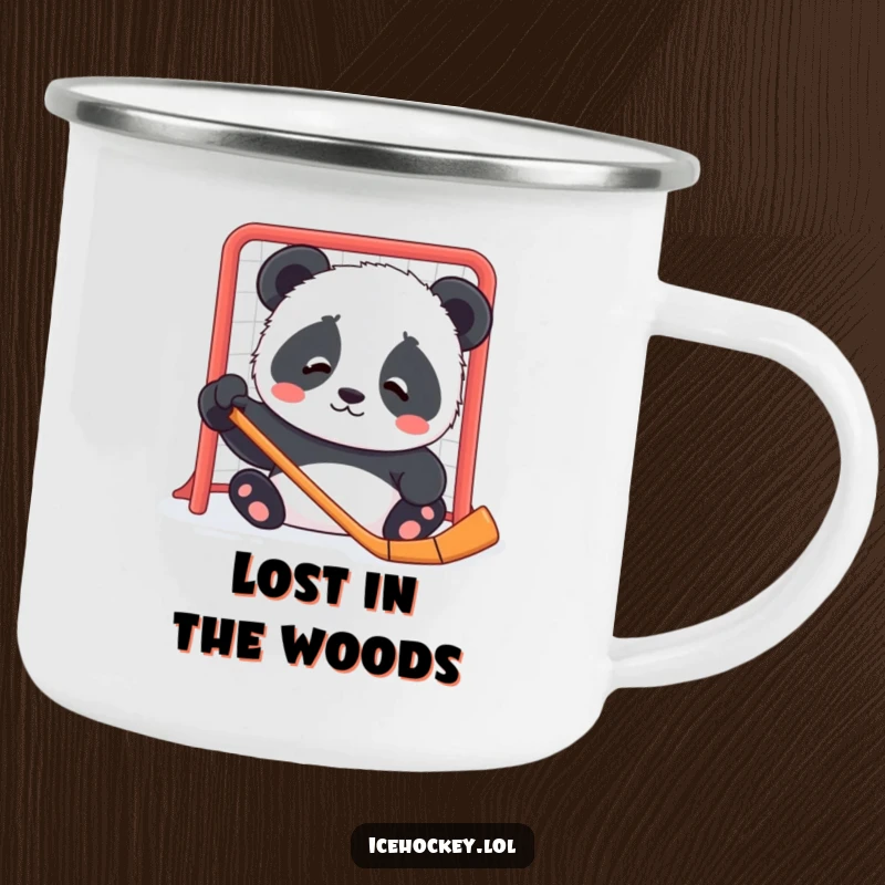 Funny camping mug of a contented panda cub looking confused by a hockey net, ready for outdoor relaxation.