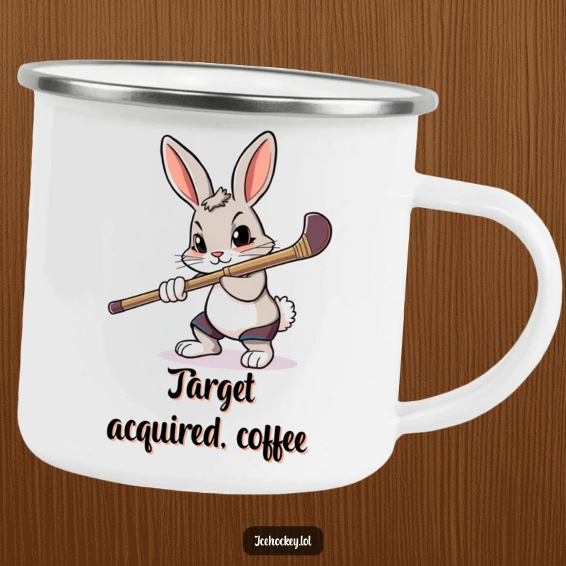 Funny camping mug with a determined rabbit aiming a hockey stick with intense focus.