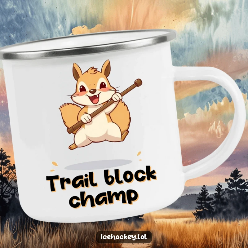 Funny squirrel camping mug, a cheerful squirrel leaps to block a shot with its stick, ideal for outdoor adventures and funny morning coffee.