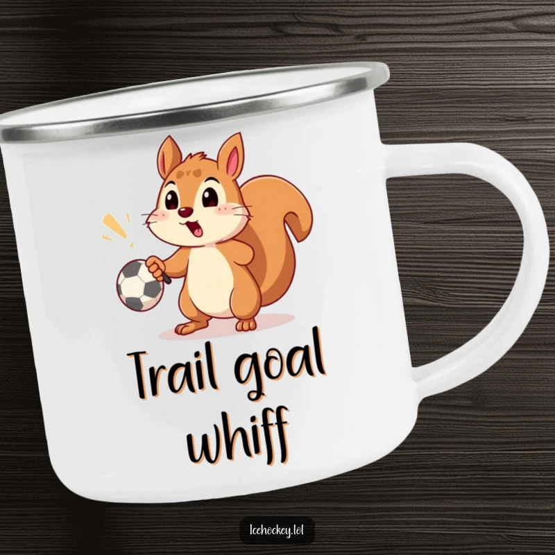 Funny camping mug with a surprised squirrel comically missing a soccer goal with a shot, ready for outdoor fun.