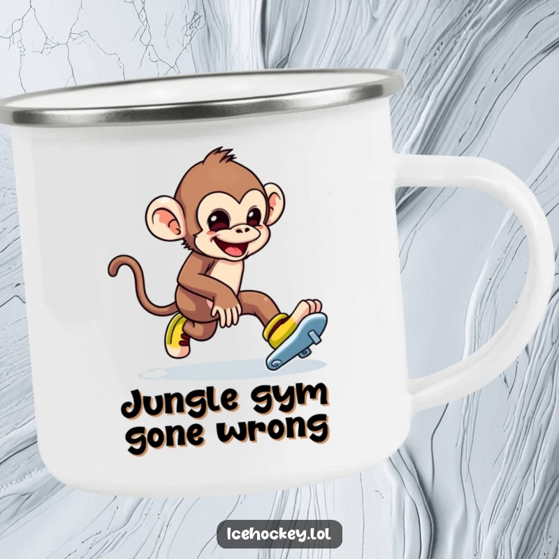 Funny camping mug with a mischievous monkey tripping over ice skates. For adventurous pranksters.