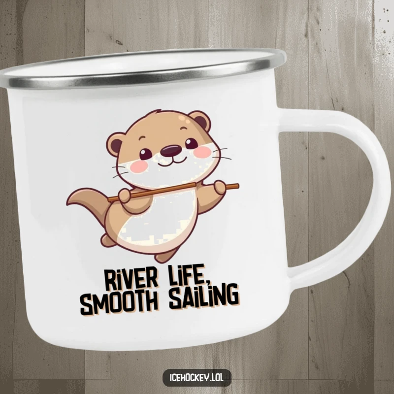 Funny Camping Mug with a playful otter gliding smoothly, stick in tow, with a big grin, built for outdoor fun.